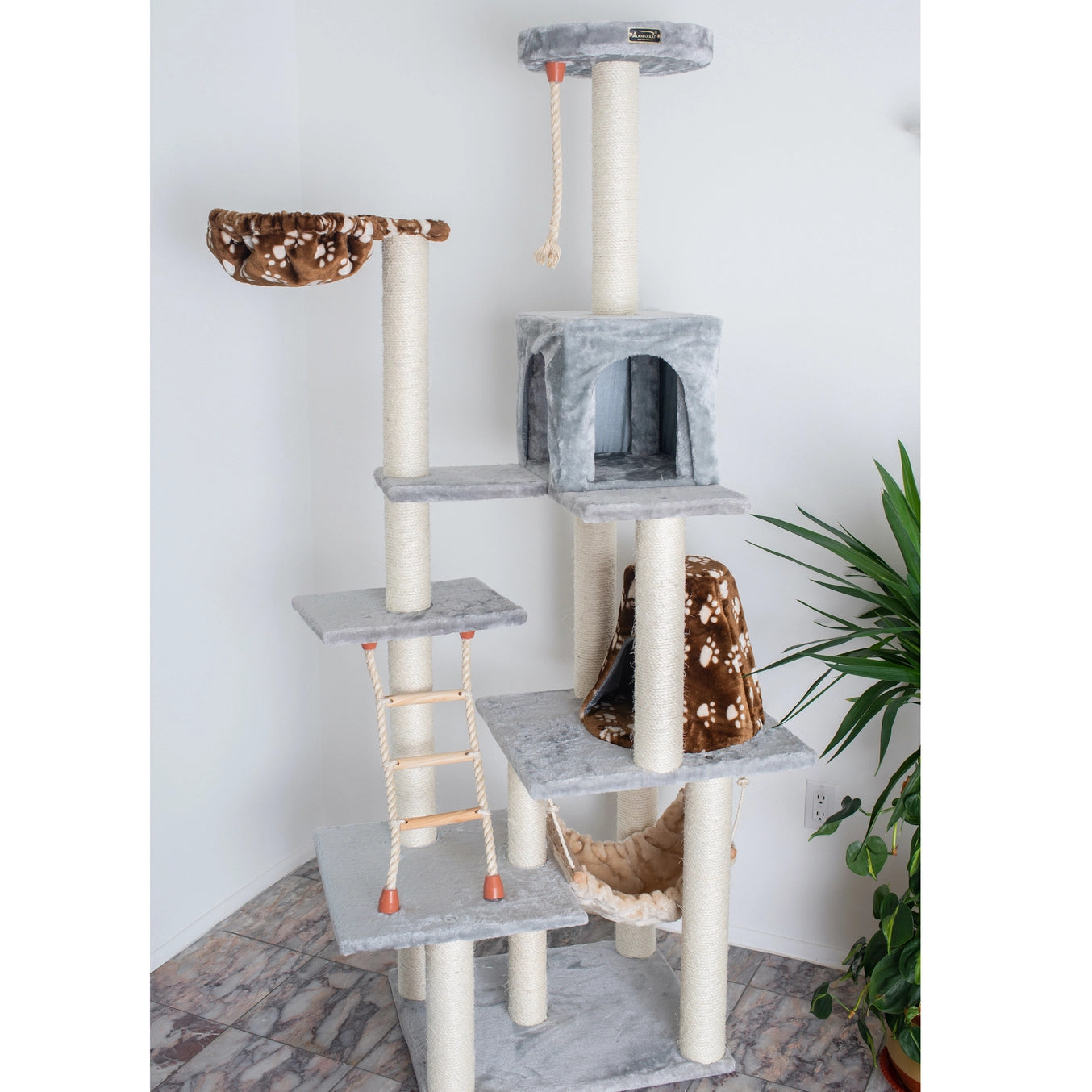 78" Real Wood Beige & Grey Classic Cat Tree Scratcher- Includes Hammock, Playhouse & Perches- Model #A7802