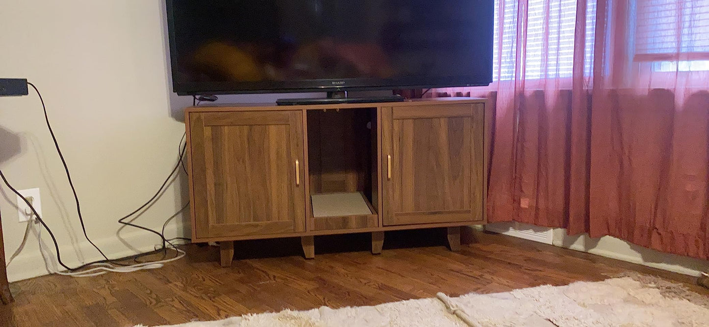 2-Door Cat Litter Box Enclosure TV Stand with Winding Entry & Scratching Board- Model #16537429