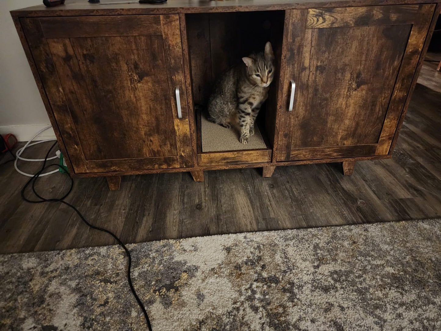 2-Door Cat Litter Box Enclosure TV Stand with Winding Entry & Scratching Board- Model #16537429