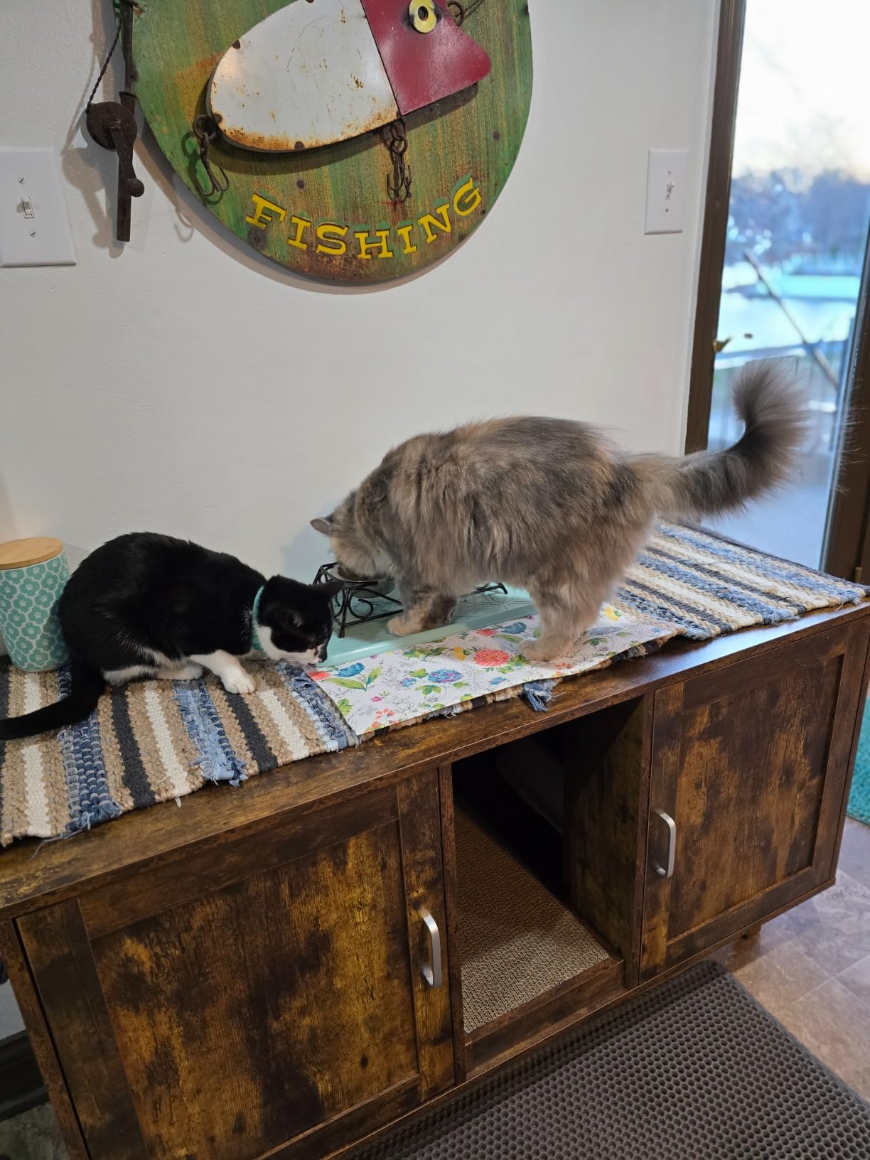 2-Door Cat Litter Box Enclosure TV Stand with Winding Entry & Scratching Board- Model #16537429