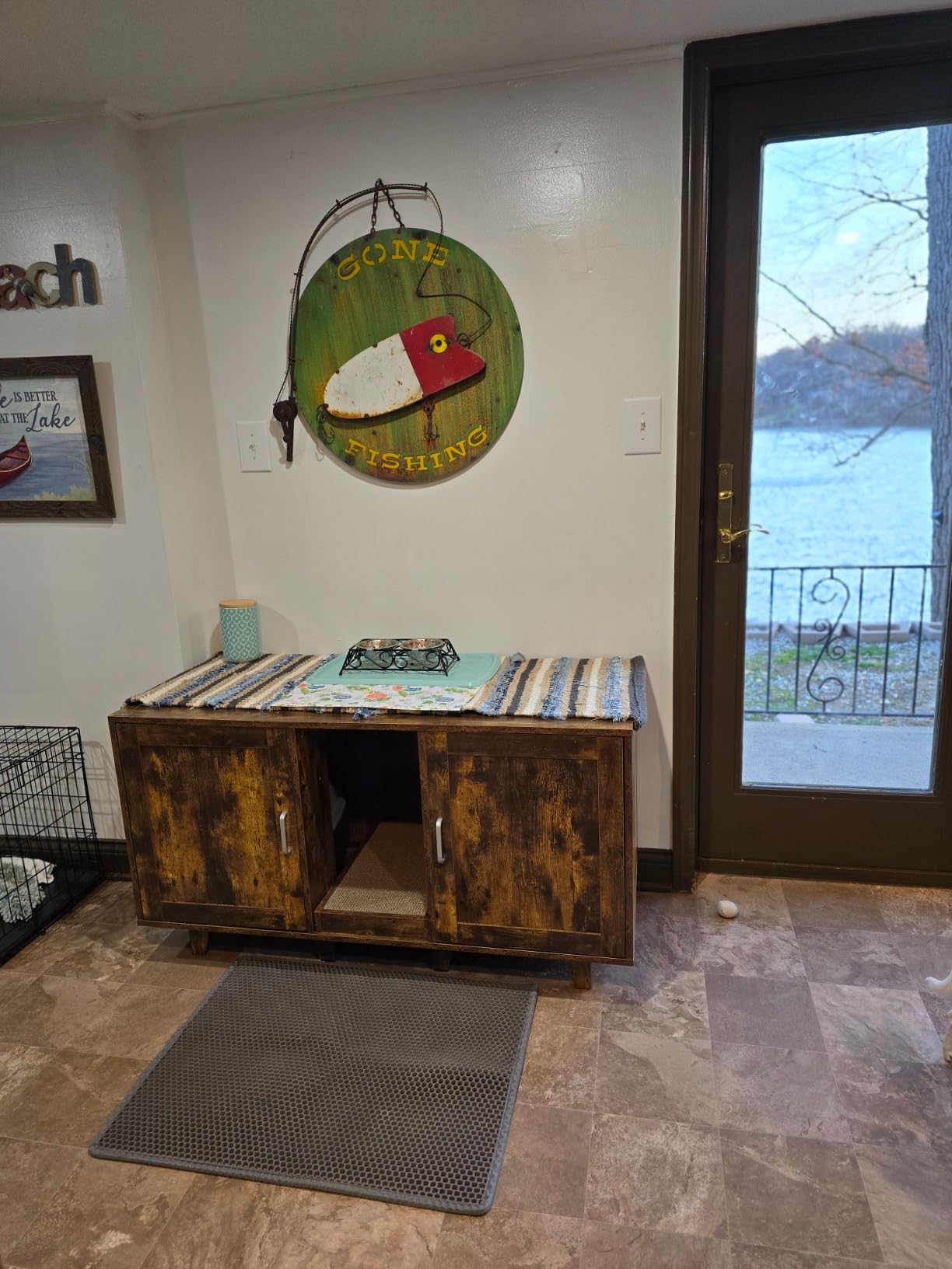 2-Door Cat Litter Box Enclosure TV Stand with Winding Entry & Scratching Board- Model #16537429