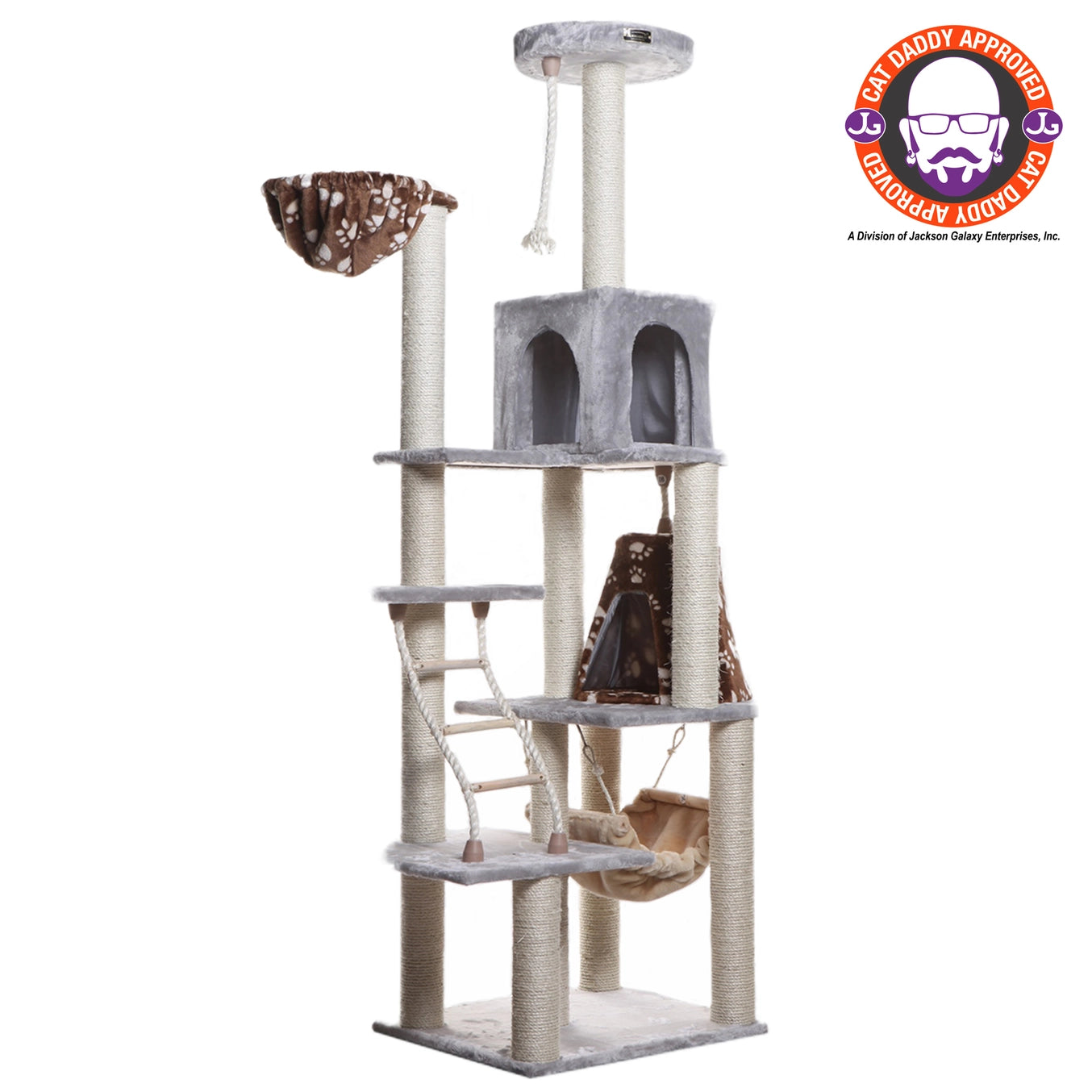 78" Real Wood Beige & Grey Classic Cat Tree Scratcher- Includes Hammock, Playhouse & Perches- Model #A7802