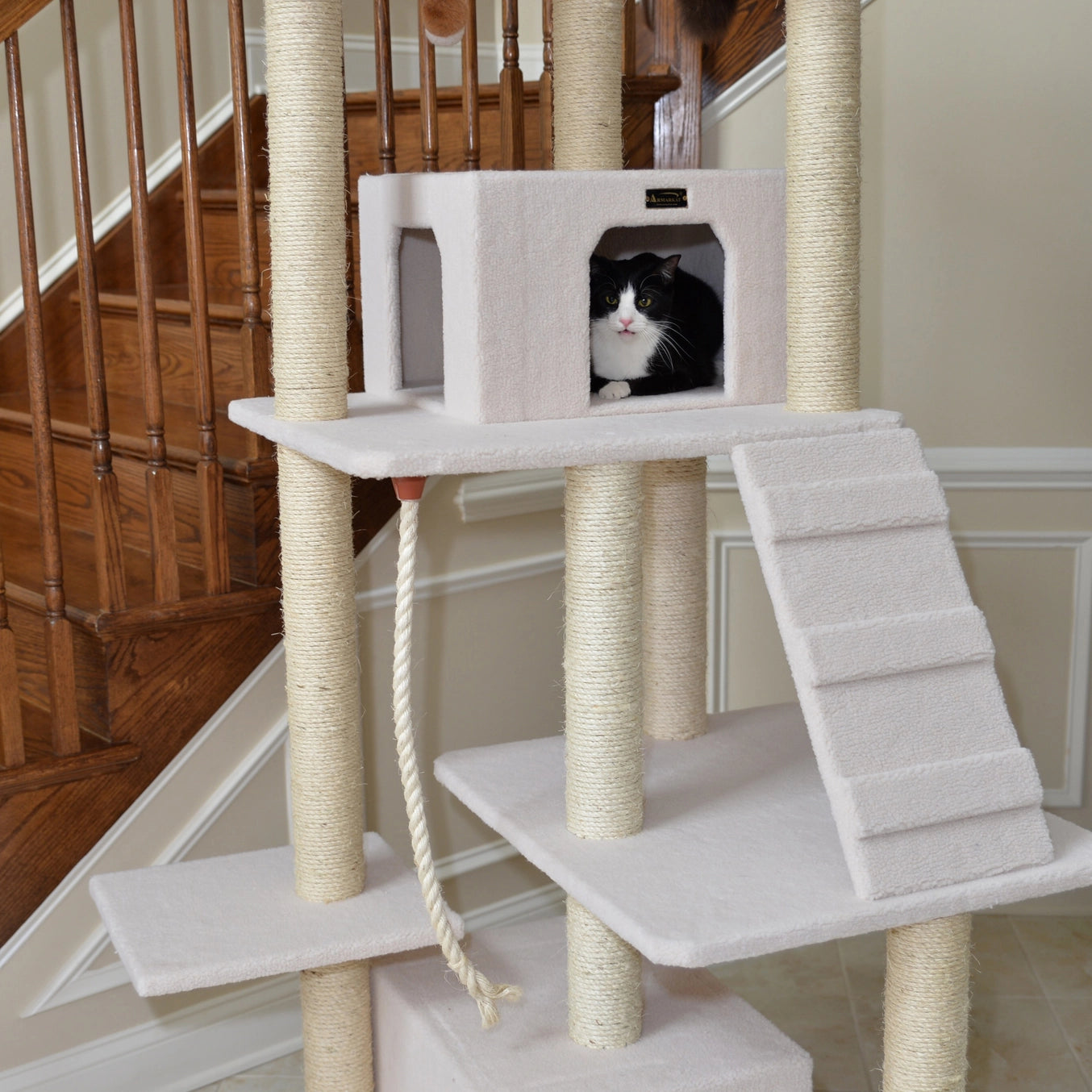 85" Real Wood Ivory Classic Cat Tree- Includes Multi Levels & Ramp- Model #B8201