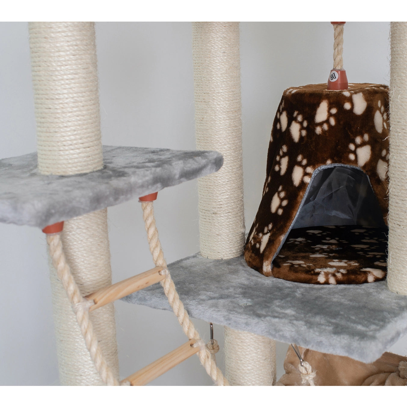 78" Real Wood Beige & Grey Classic Cat Tree Scratcher- Includes Hammock, Playhouse & Perches- Model #A7802