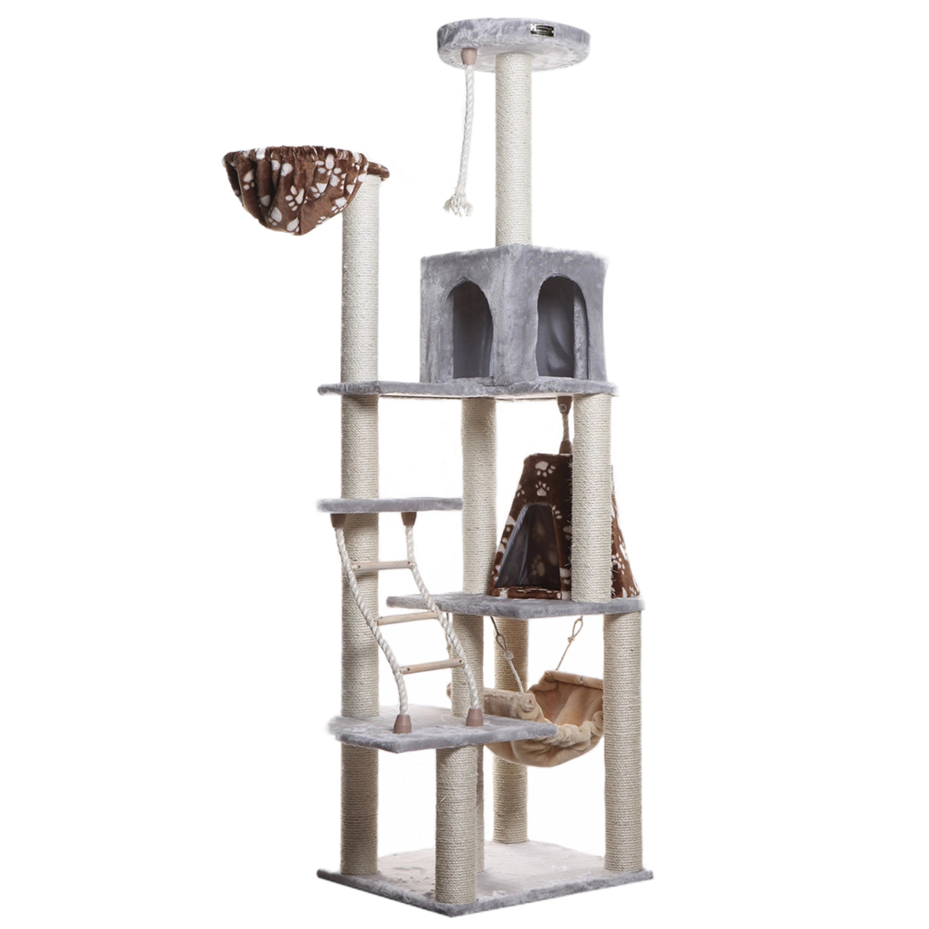 78" Real Wood Beige & Grey Classic Cat Tree Scratcher- Includes Hammock, Playhouse & Perches- Model #A7802