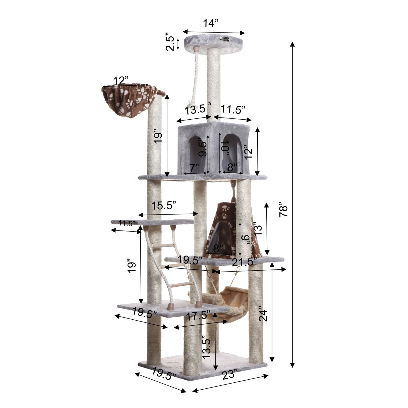 78" Real Wood Beige & Grey Classic Cat Tree Scratcher- Includes Hammock, Playhouse & Perches- Model #A7802