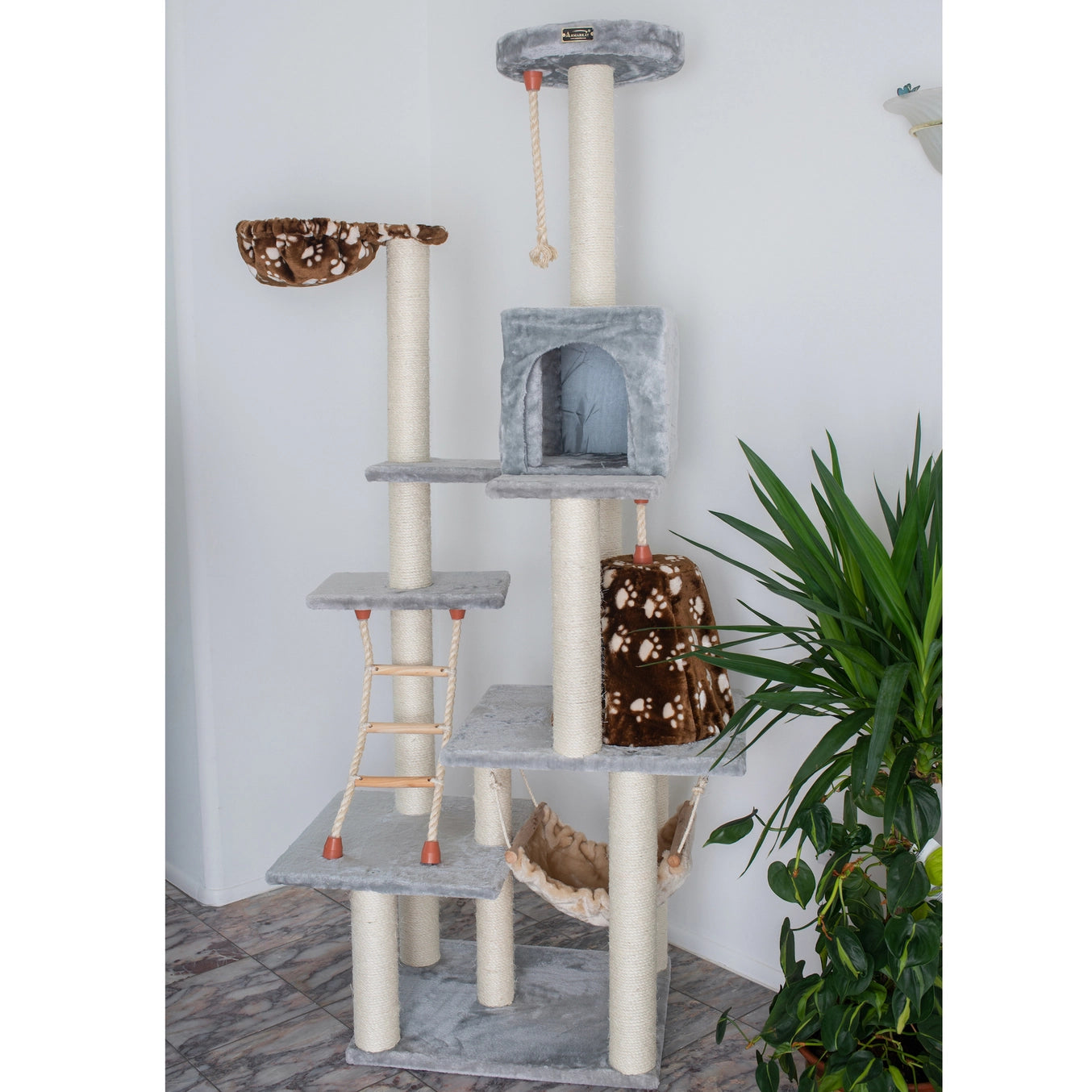 78" Real Wood Beige & Grey Classic Cat Tree Scratcher- Includes Hammock, Playhouse & Perches- Model #A7802