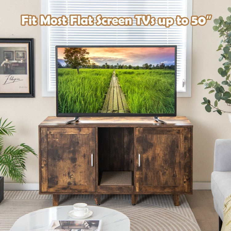 2-Door Cat Litter Box Enclosure TV Stand with Winding Entry & Scratching Board- Model #16537429