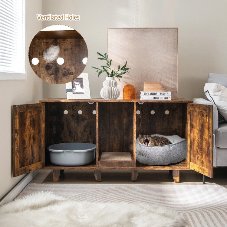 2-Door Cat Litter Box Enclosure TV Stand with Winding Entry & Scratching Board- Model #16537429