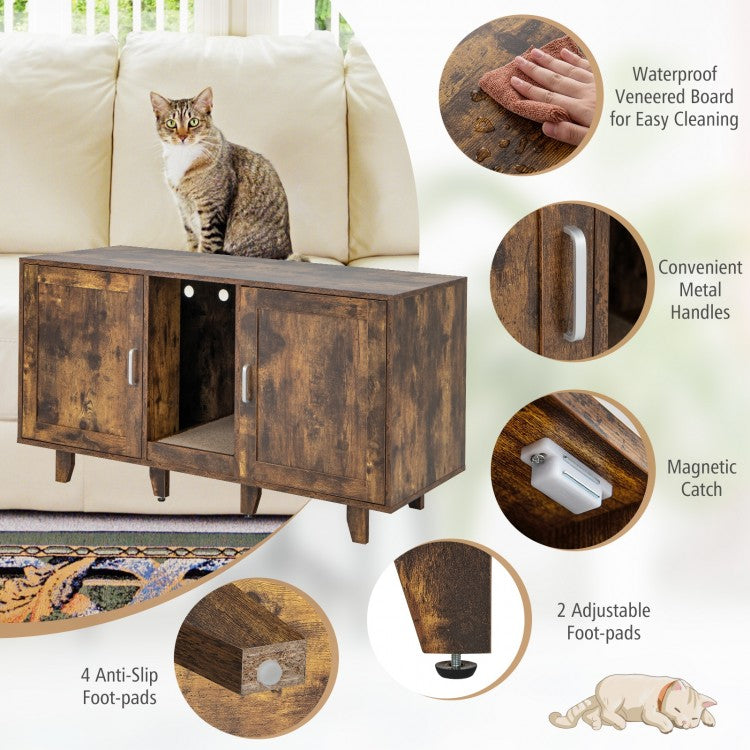 2-Door Cat Litter Box Enclosure TV Stand with Winding Entry & Scratching Board- Model #16537429