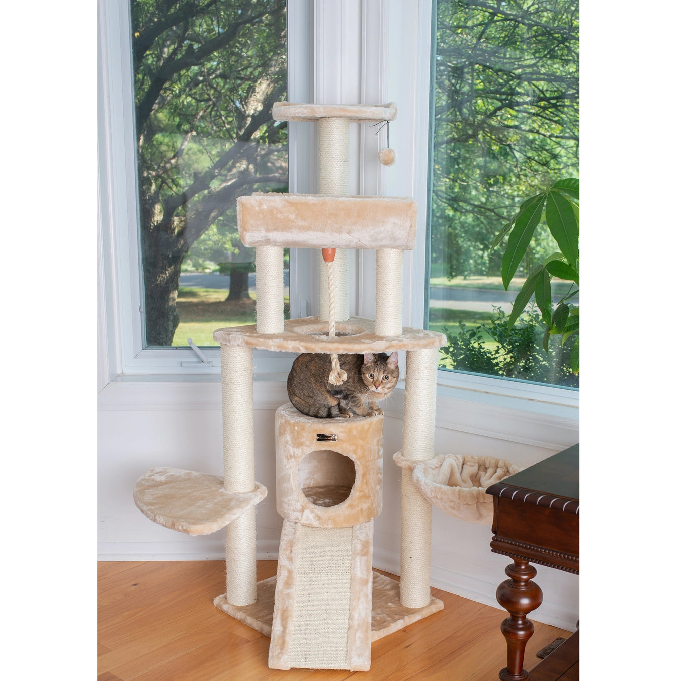 Red or Beige Real Wood Spacious Thick Fur Cat Tower With Lounge- Model A5806