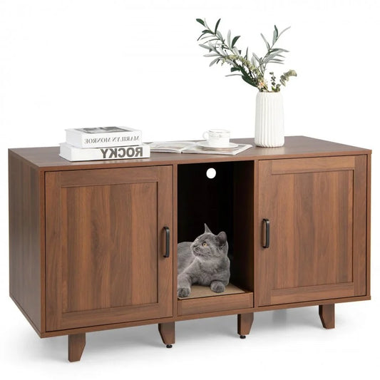 2-Door Cat Litter Box Enclosure TV Stand with Winding Entry & Scratching Board-  Model #16537429