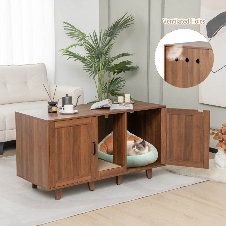 2-Door Cat Litter Box Enclosure TV Stand with Winding Entry & Scratching Board-  Model #16537429