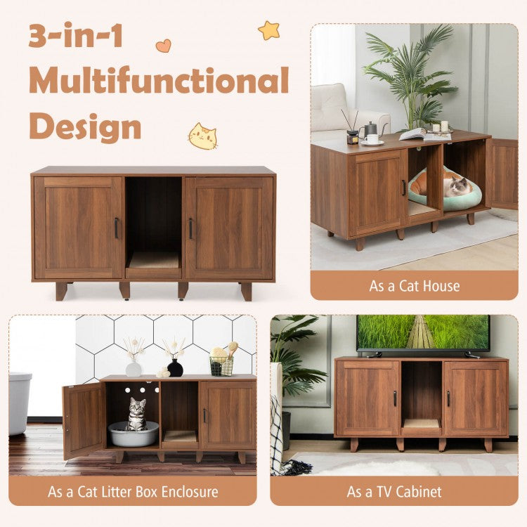 2-Door Cat Litter Box Enclosure TV Stand with Winding Entry & Scratching Board-  Model #16537429
