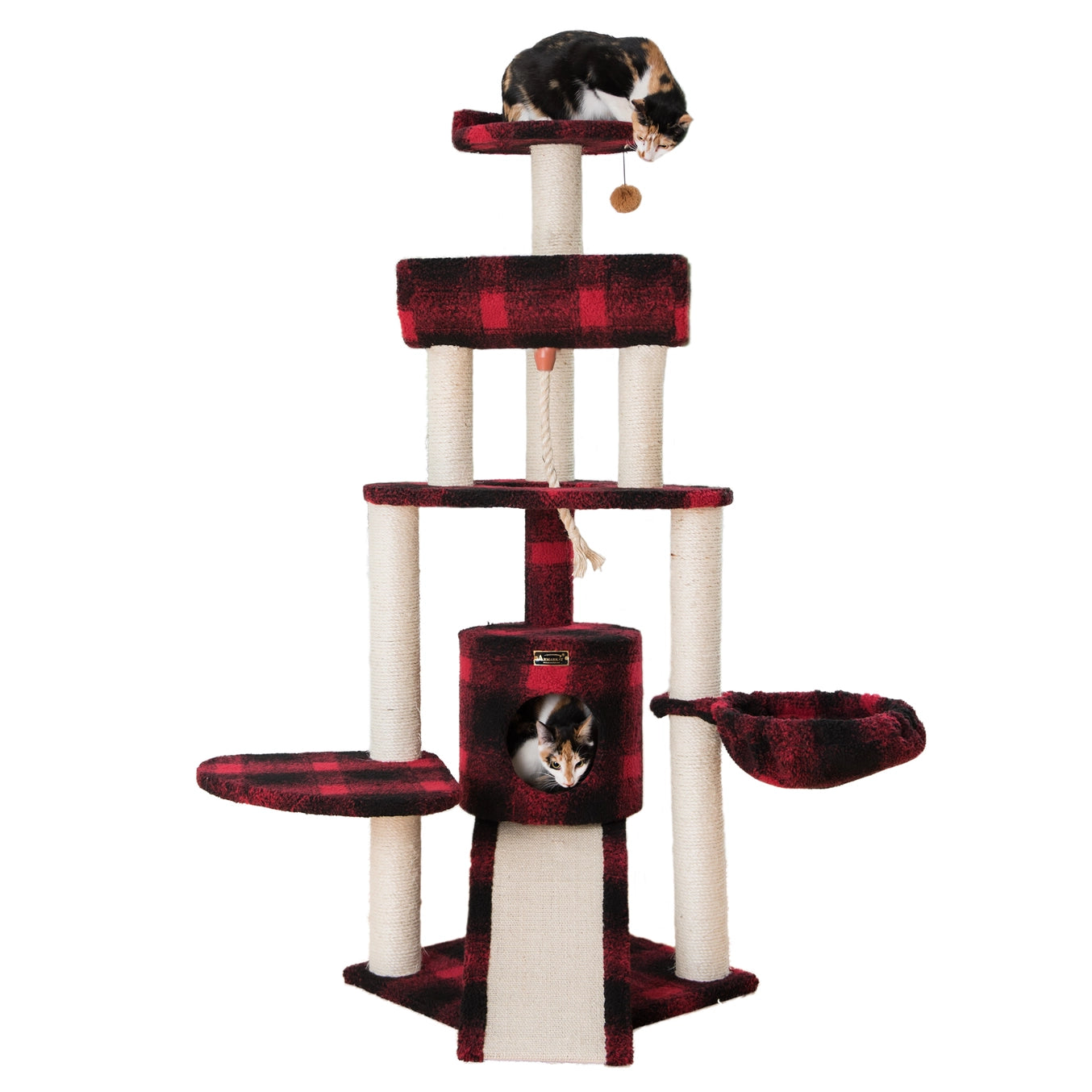 Red or Beige Real Wood Spacious Thick Fur Cat Tower With Lounge- Model A5806