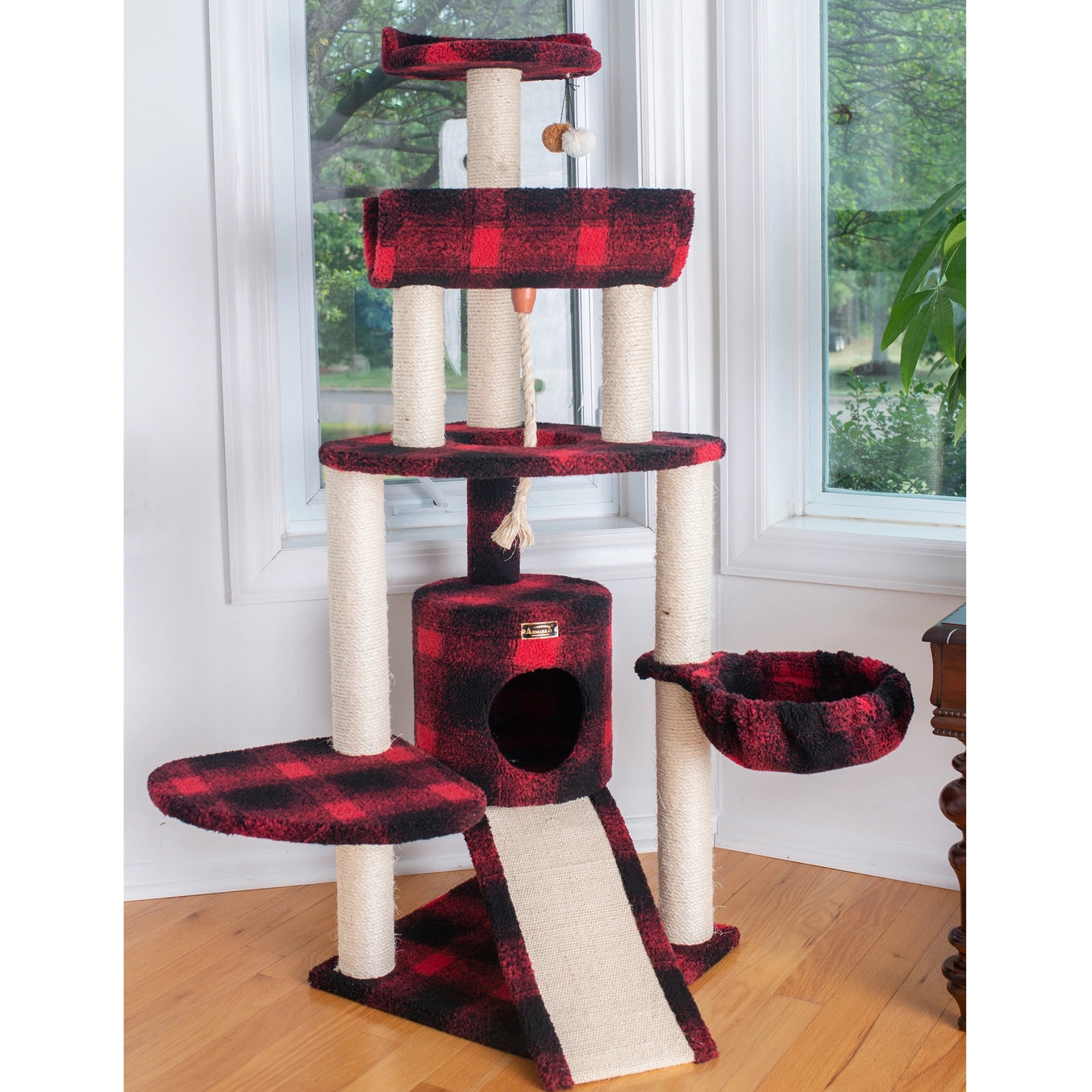 Red or Beige Real Wood Spacious Thick Fur Cat Tower With Lounge- Model A5806