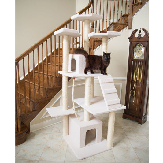 85" Real Wood Ivory Classic Cat Tree- Includes Multi Levels & Ramp- Model #B8201