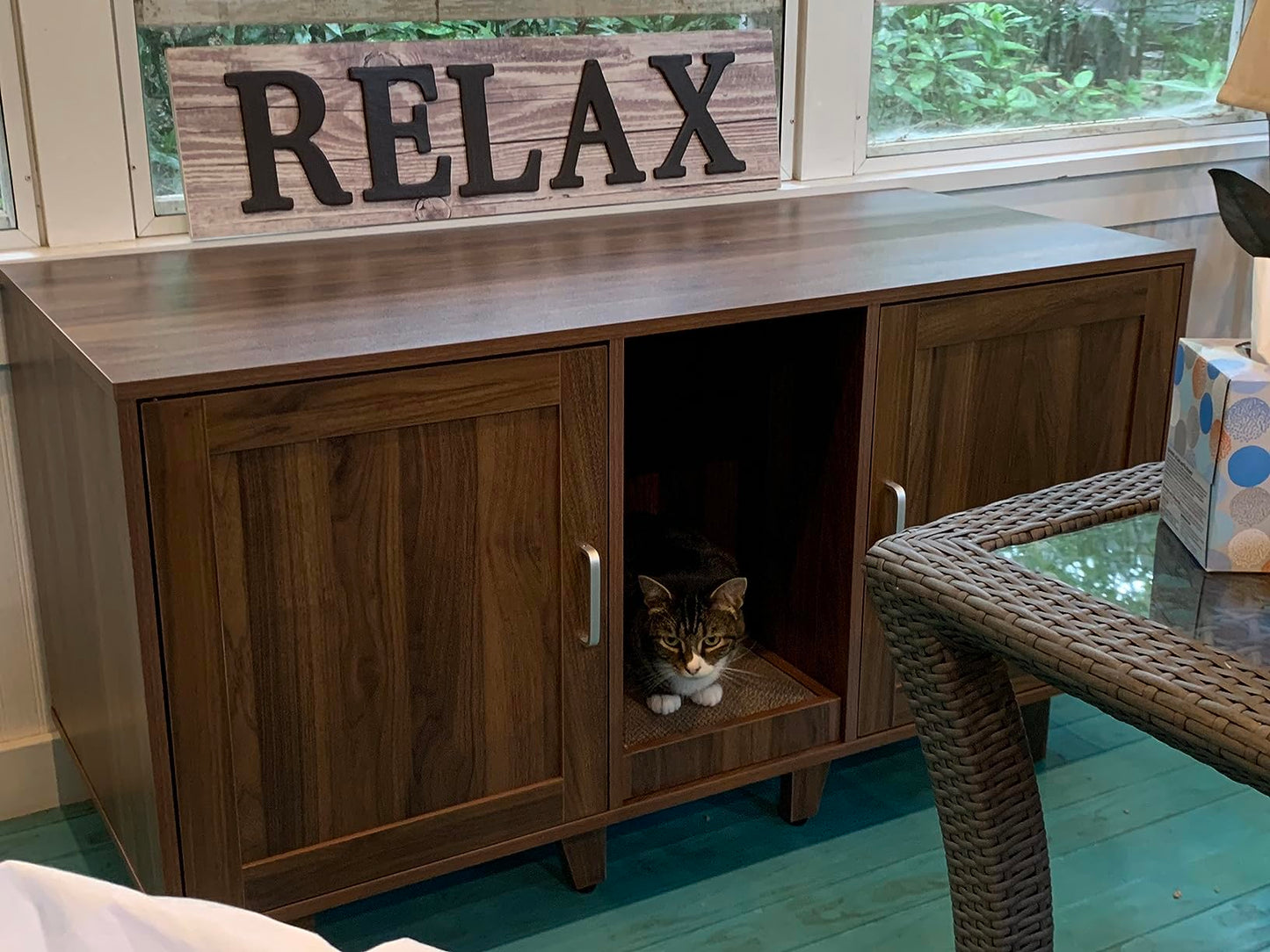 2-Door Cat Litter Box Enclosure TV Stand with Winding Entry & Scratching Board-  Model #16537429