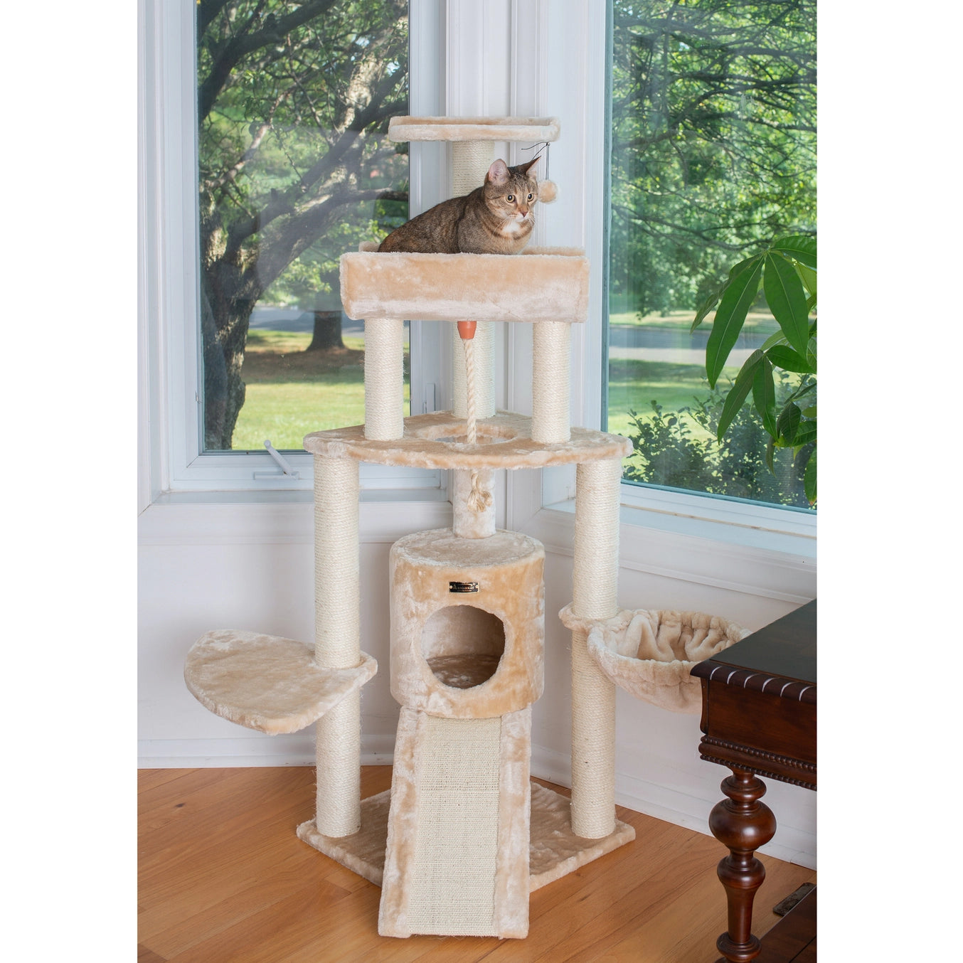 Red or Beige Real Wood Spacious Thick Fur Cat Tower With Lounge- Model A5806