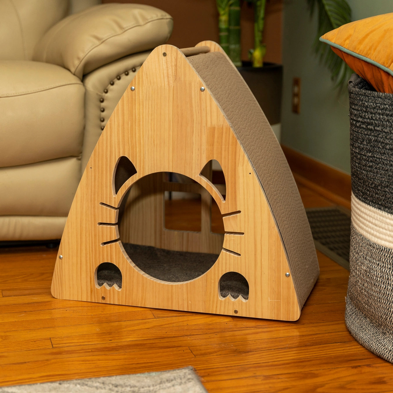 Solid Wood Triangular Natural Cat Condo Scratcher- Model S2106
