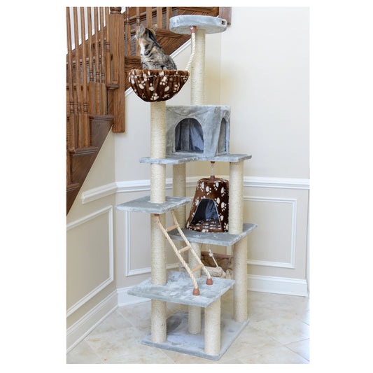 78" Real Wood Beige & Grey Classic Cat Tree Scratcher- Includes Hammock, Playhouse & Perches- Model #A7802