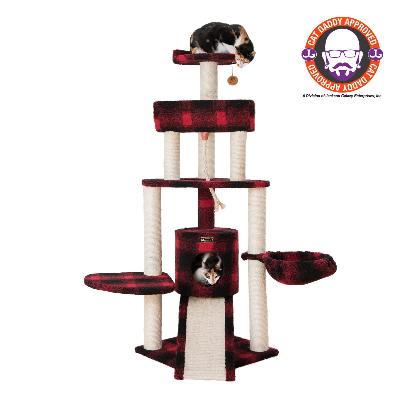 Red or Beige Real Wood Spacious Thick Fur Cat Tower With Lounge- Model A5806
