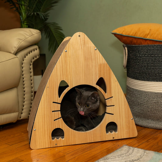 Solid Wood Triangular Natural Cat Condo Scratcher- Model S2106