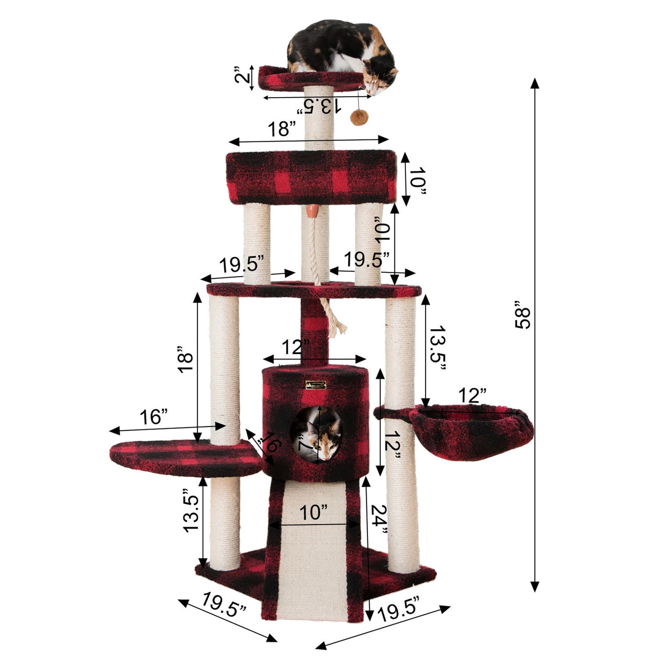 Red or Beige Real Wood Spacious Thick Fur Cat Tower With Lounge- Model A5806