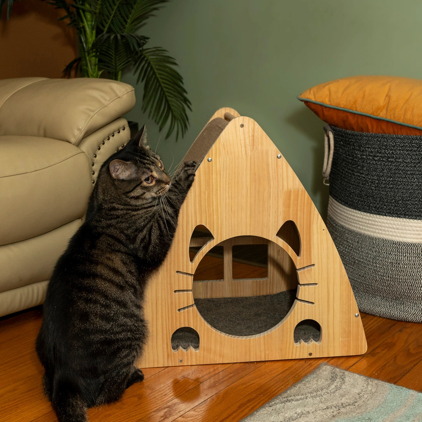 Solid Wood Triangular Natural Cat Condo Scratcher- Model S2106