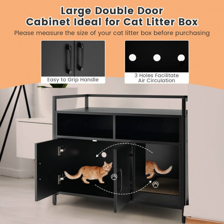 Black Hidden Cat Washroom with Double Doors & Scratch Cardboard- Model #96873451