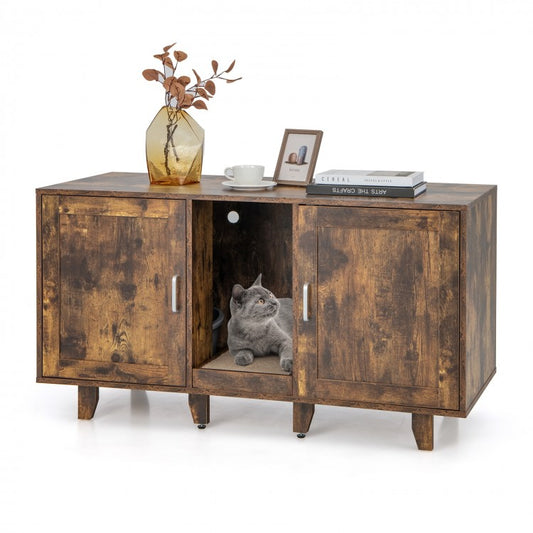 2-Door Cat Litter Box Enclosure TV Stand with Winding Entry & Scratching Board-  Model #16537429