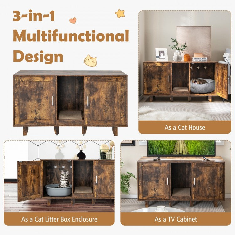 2-Door Cat Litter Box Enclosure TV Stand with Winding Entry & Scratching Board-  Model #16537429
